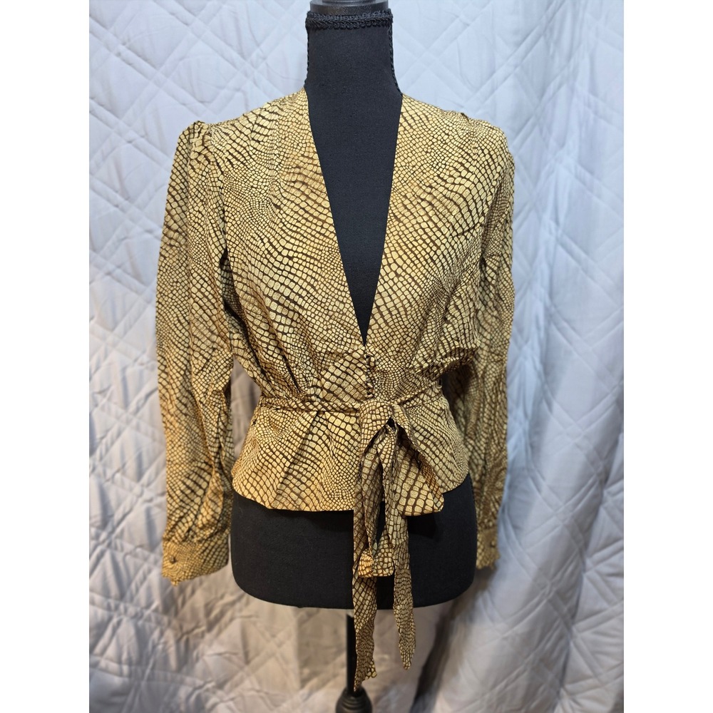 Castioni 100% Silk Snakeskin Print Peplum Blouse Brown Tan V-Neck Tie Belt